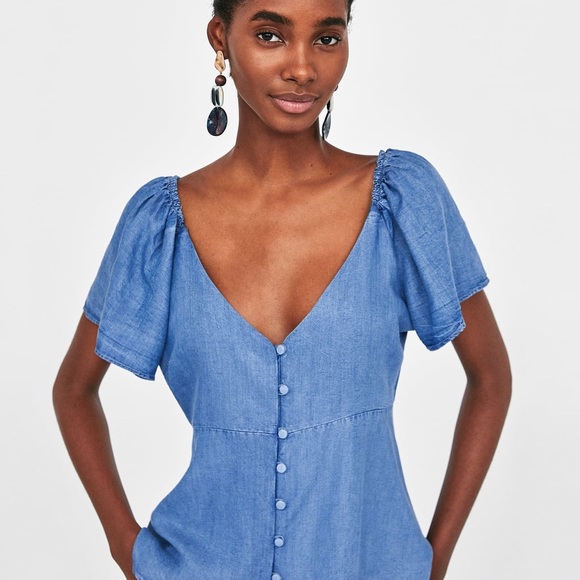 NWT Zara Chambray V Neck Button Down Flowing Top - Picture 2 of 7